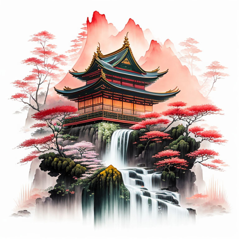 Asian temple on waterfall with red foliage in misty mountains