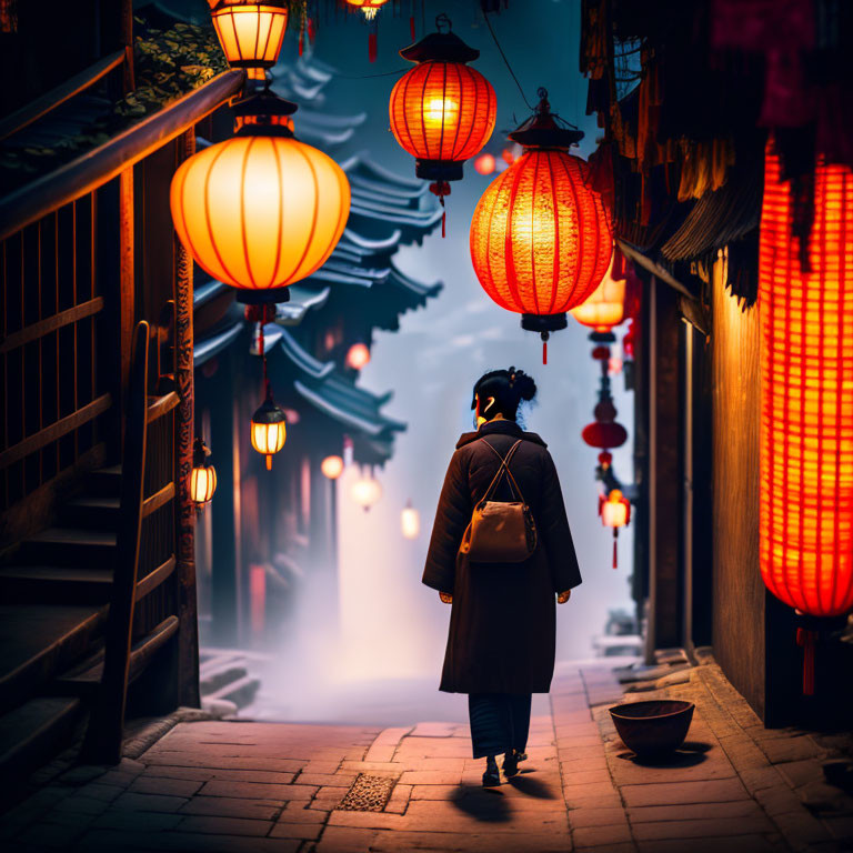 Traditional alley with red lanterns at dusk