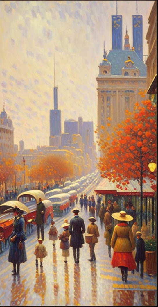 Impressionistic painting of vibrant city street scene