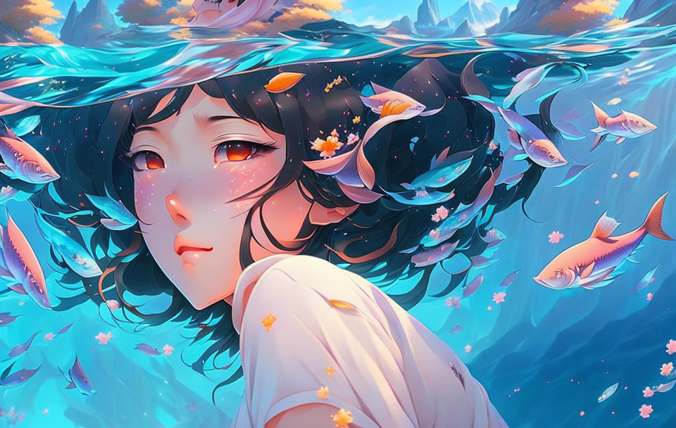 Illustration of girl in water with fish, blending hair with waves; petals float.