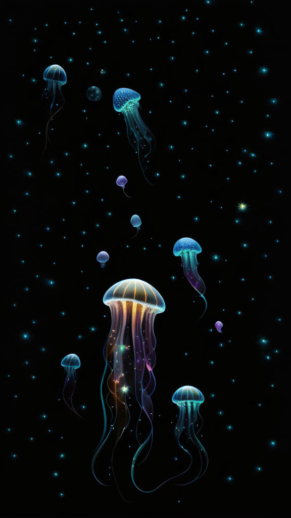 Various Sizes of Bioluminescent Jellyfish in Dark Underwater Space