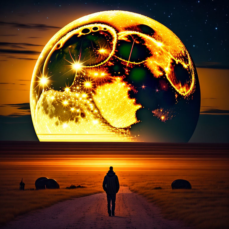 Surreal sunset scene with glowing celestial orb and silhouetted figures