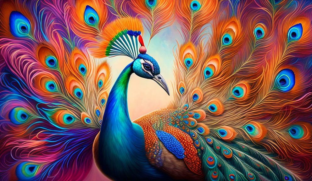 Colorful peacock painting with vibrant blues, greens, and oranges