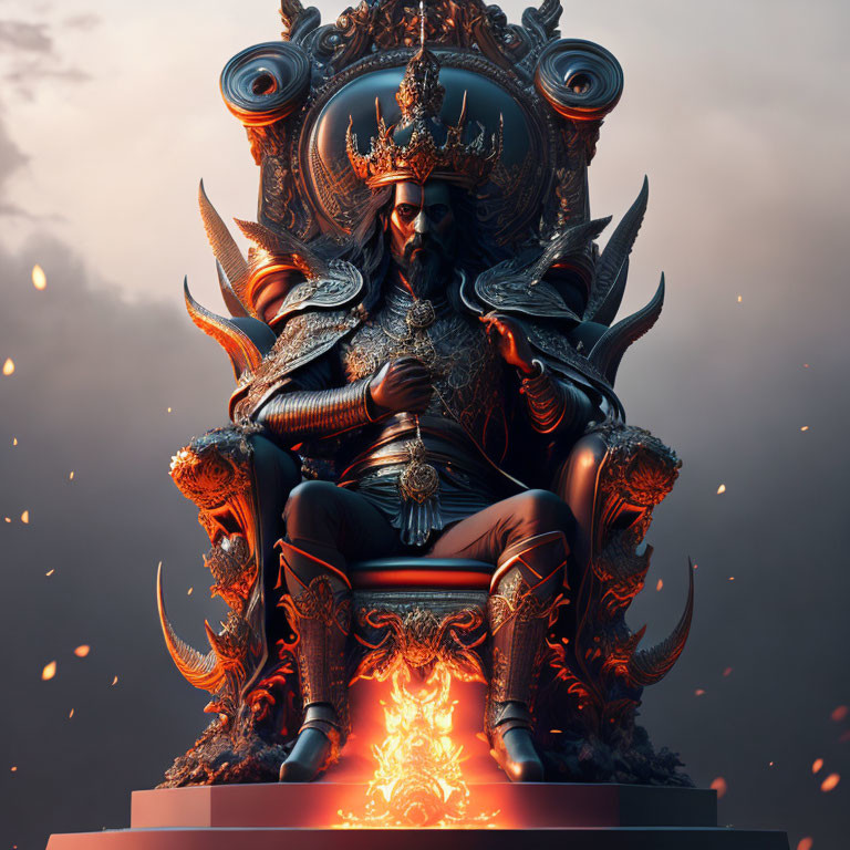 Regal figure in ornate armor on majestic throne among glowing embers