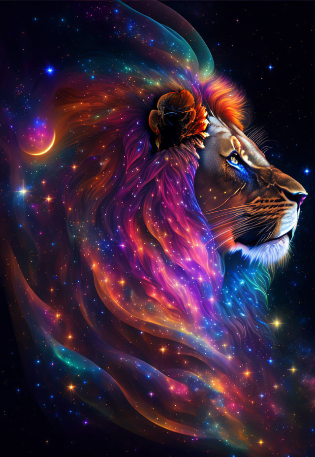 Lion with cosmic galaxy mane and celestial elements