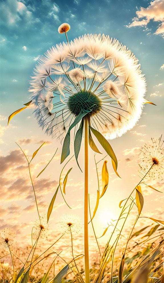 Dandelion seed head dispersing at sunset