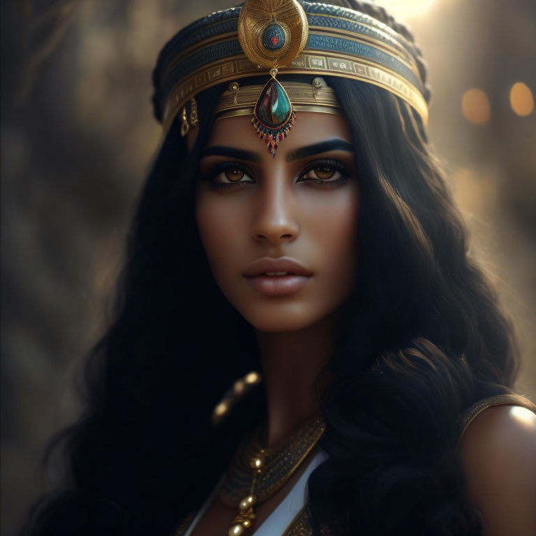 Woman with Striking Features in Egyptian-Style Headdress