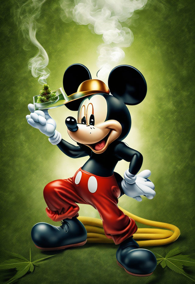 Illustration of Mickey Mouse with smoking substance on platter, green leaf background