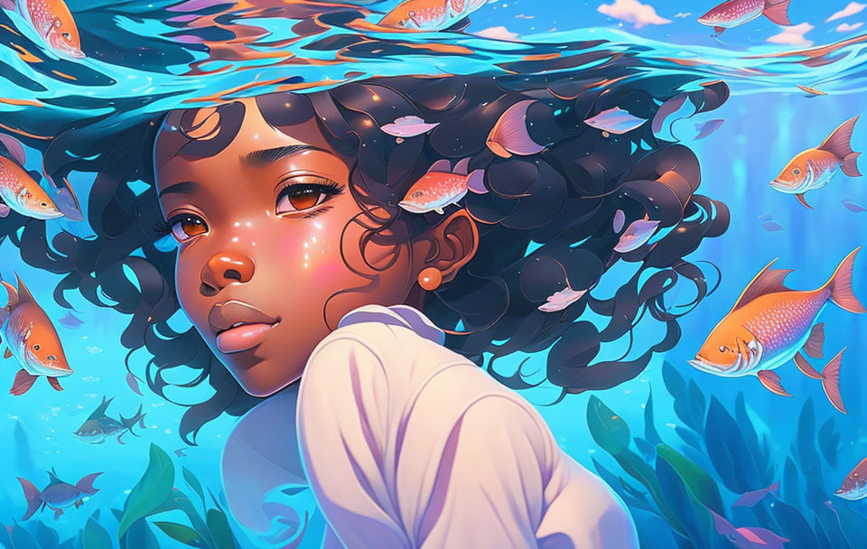 Vibrant digital art: girl underwater with swimming fish