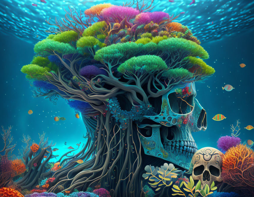 Colorful Coral-Covered Skull in Underwater Scene