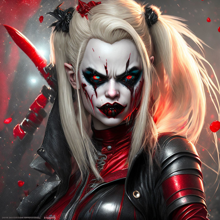 Striking white hair woman with black-and-white makeup and bloody knife