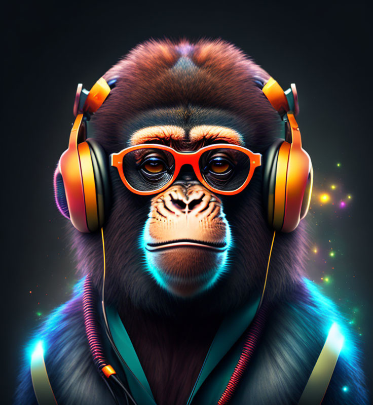 Colorful Gorilla Artwork with Orange Glasses and Headphones