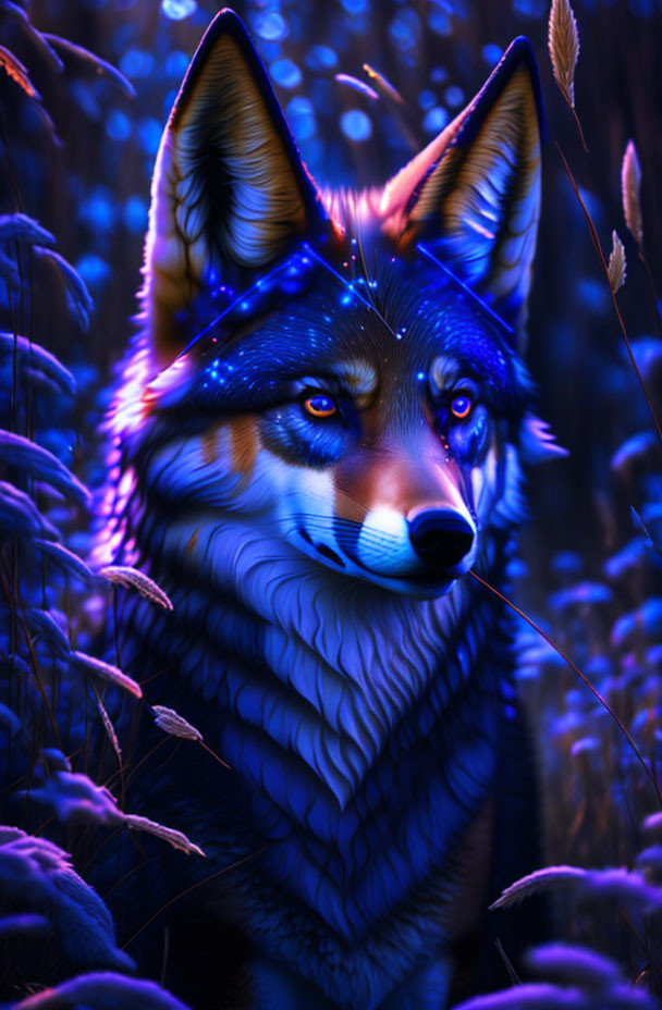 Majestic wolf in blue fur amidst nocturnal foliage under starry sky