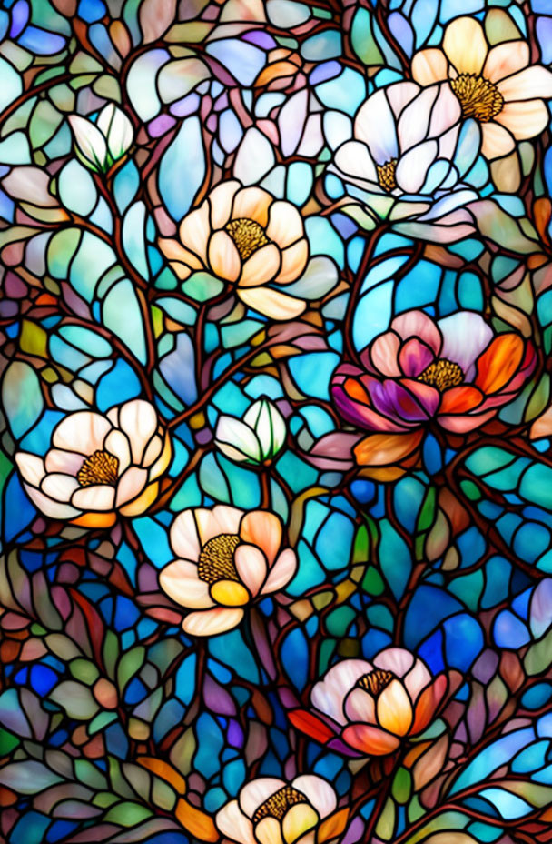 Vibrant stained glass window with blooming flowers and leafy vines on blue background