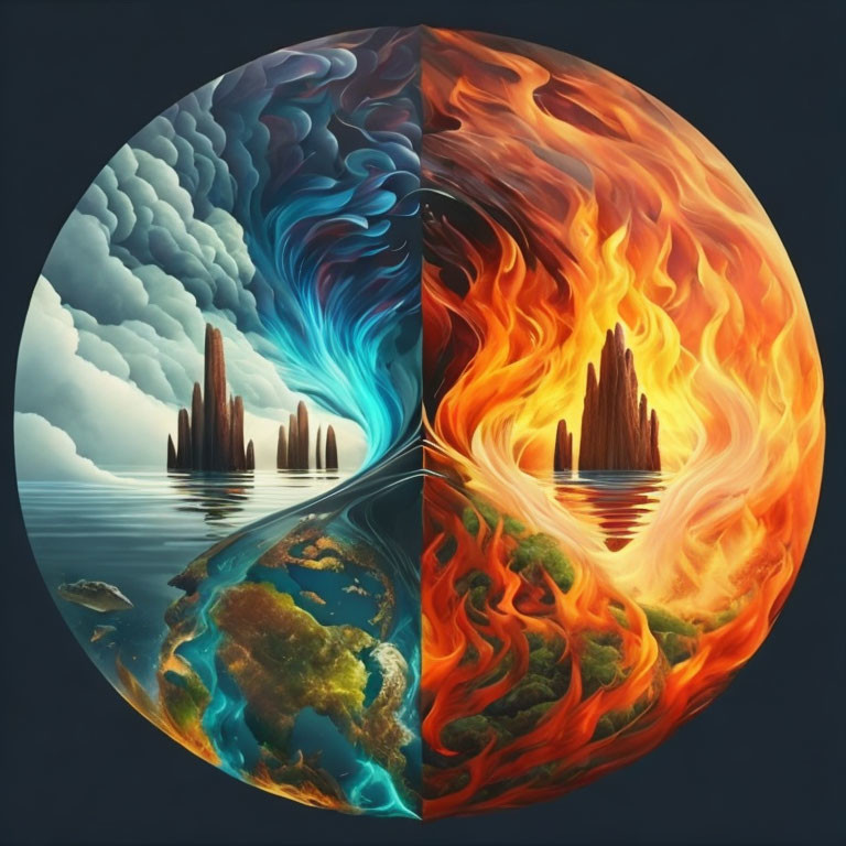 Circular Artwork Contrasting Tranquil Water and Fiery Lava