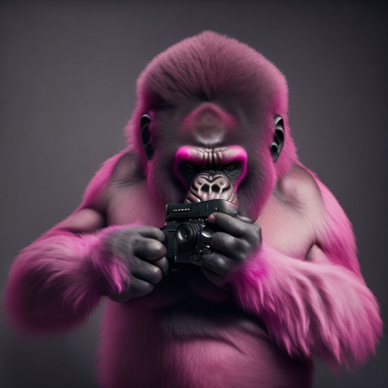 Pink gorilla with camera against gray backdrop