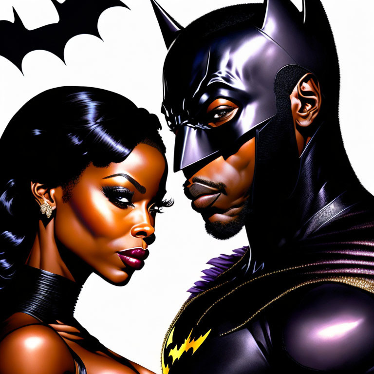 Intense gaze woman and Batman illustration.