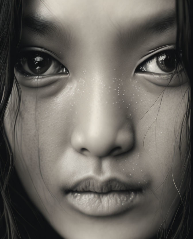 Monochrome close-up portrait of young person with freckles and soulful eyes