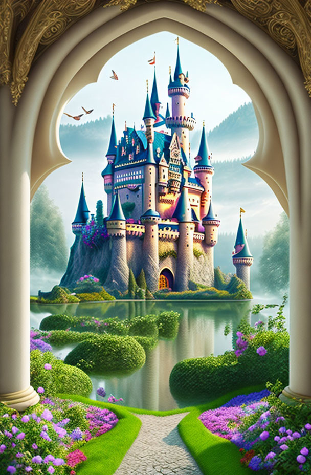 Majestic castle with spires and turrets in lush garden scene