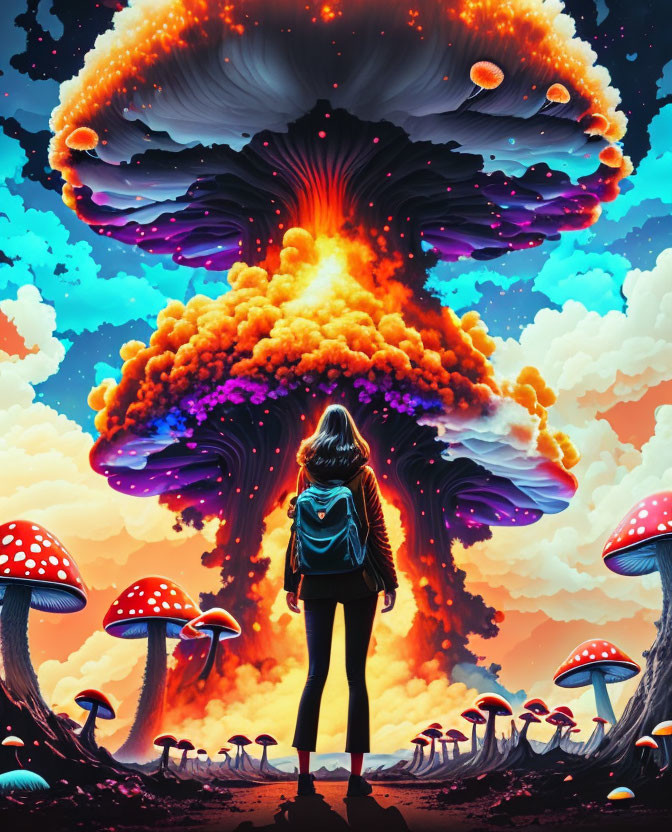 Person in Explosive Sky with Mushroom Clouds and Colorful Fungi