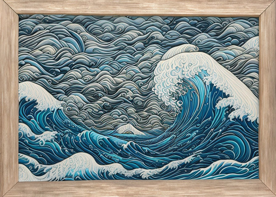 Stylized painting of tumultuous ocean waves in blue and white frame