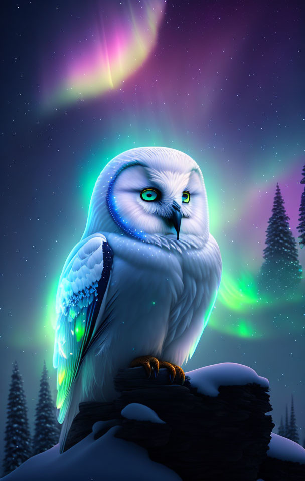 Snowy owl with blue feathers on rock under aurora borealis