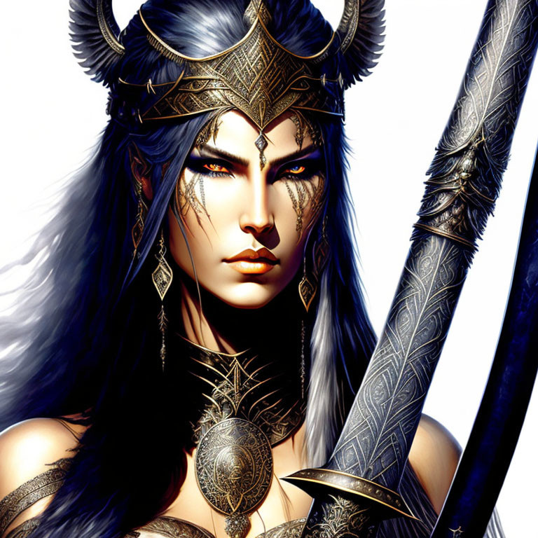 Detailed Illustration: Warrior Woman with Blue Hair, Ornate Armor, Helmet, and Sword