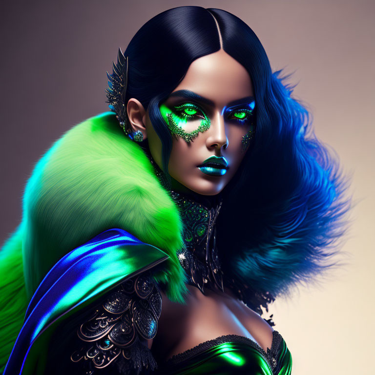 Digital Artwork: Woman in Blue Makeup & Green Attire With Shoulder Armor