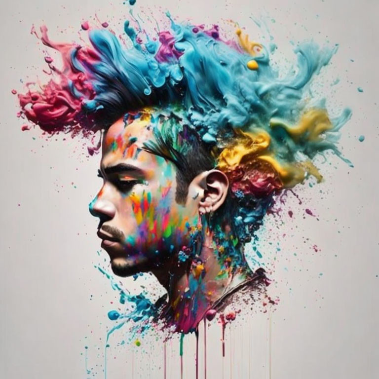 Colorful Paint Explosion Portrait on Light Background