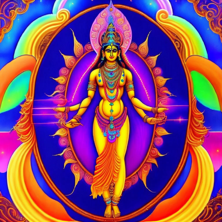 Four-Armed Deity in Ornate Jewelry and Garments on Psychedelic Background