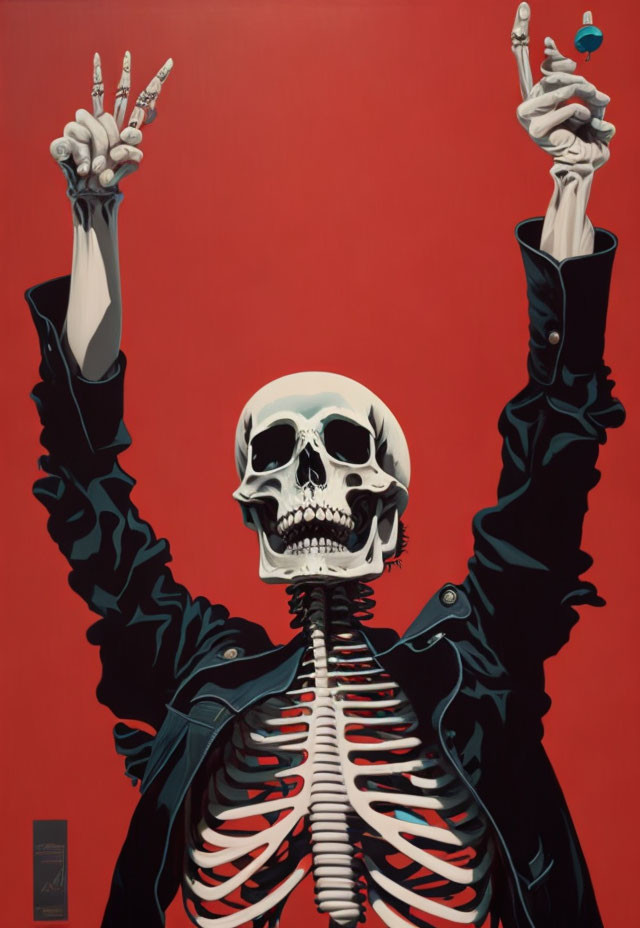 Stylized painting of skeleton with peace sign and ice cream cone on red background