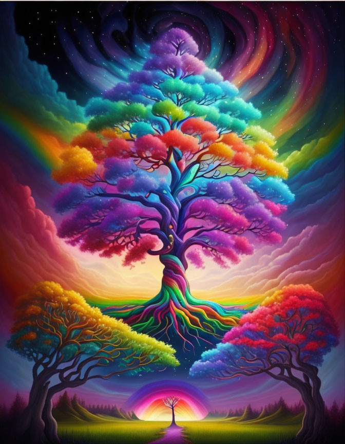 Colorful mystical tree painting with rainbow hues, stars, smaller trees, and luminous portal