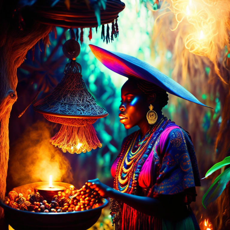 Traditional attire woman in wide-brimmed hat surrounded by mystical blue lights and candlelit bowl.