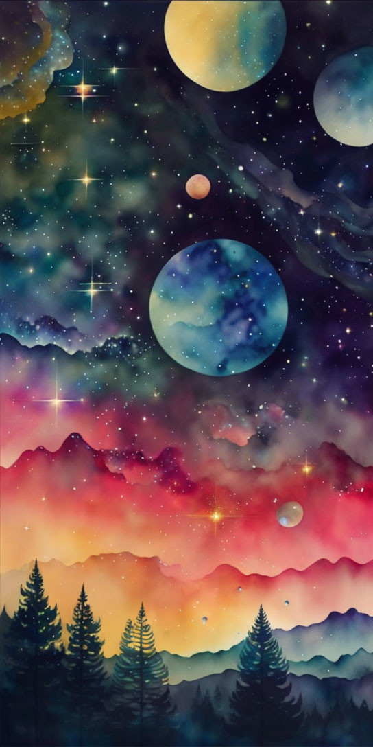 Colorful nebulae and planets in starry sky artwork.