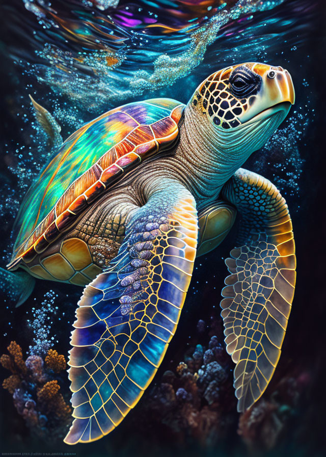 Colorful sea turtle swimming in dark oceanic background