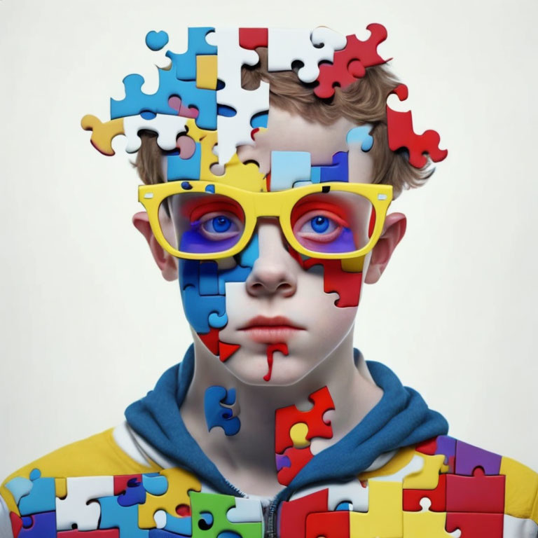 Colorful Glasses Boy with Puzzle Piece Graphic on Face