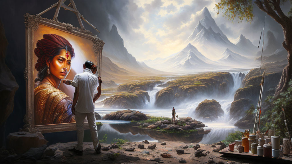 Surreal landscape with woman's portrait and mountains.