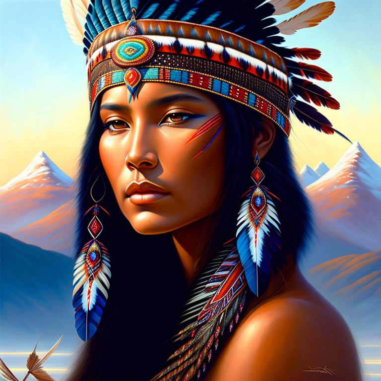 Indigenous woman with feathered headdress in mountain backdrop