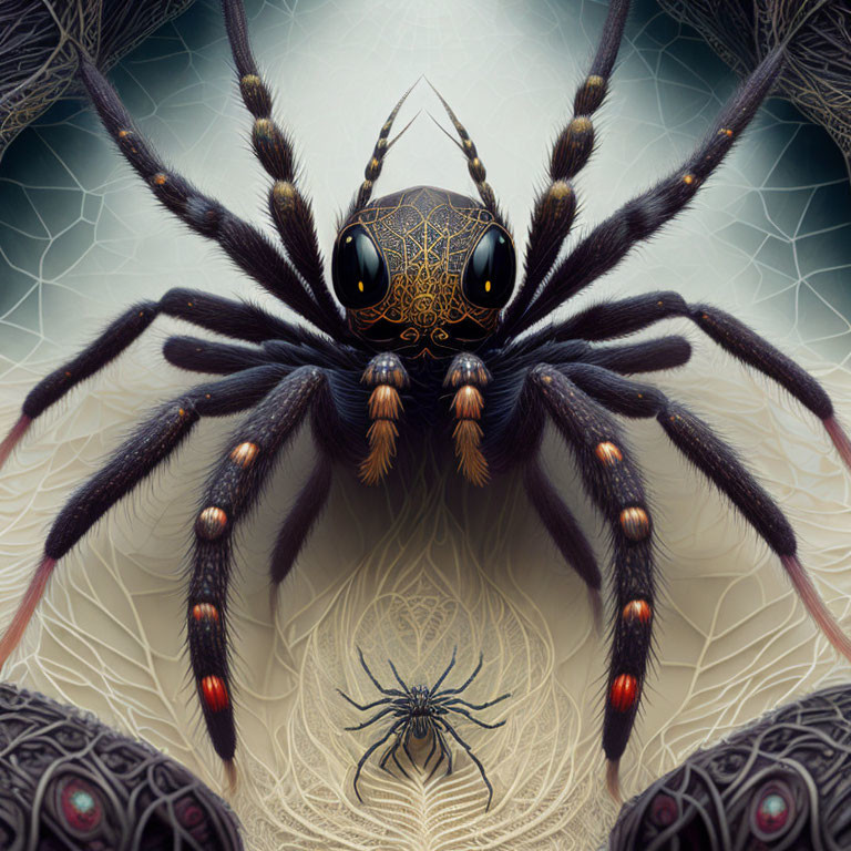 Symmetrical ornate spider illustration on intricate webbed background