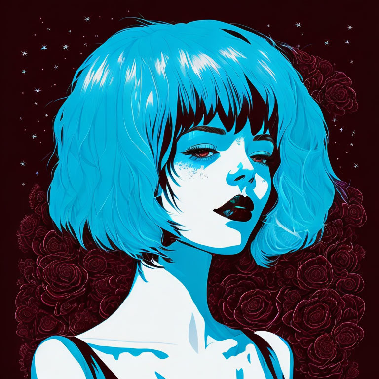 Woman with Blue Hair and Pale Skin in Starry Rose Background