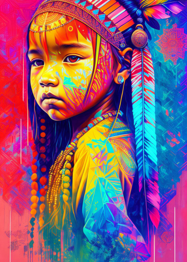 Colorful digital artwork: young indigenous girl in traditional attire on vibrant backdrop