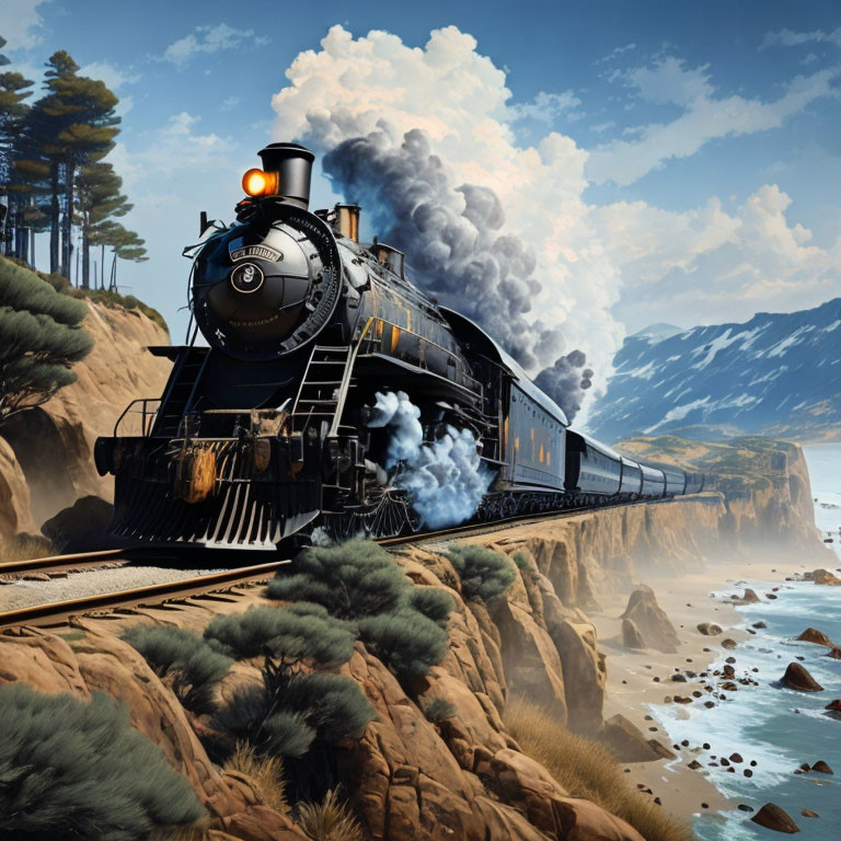 Vintage steam locomotive on coastal cliffs with mountains and blue sky