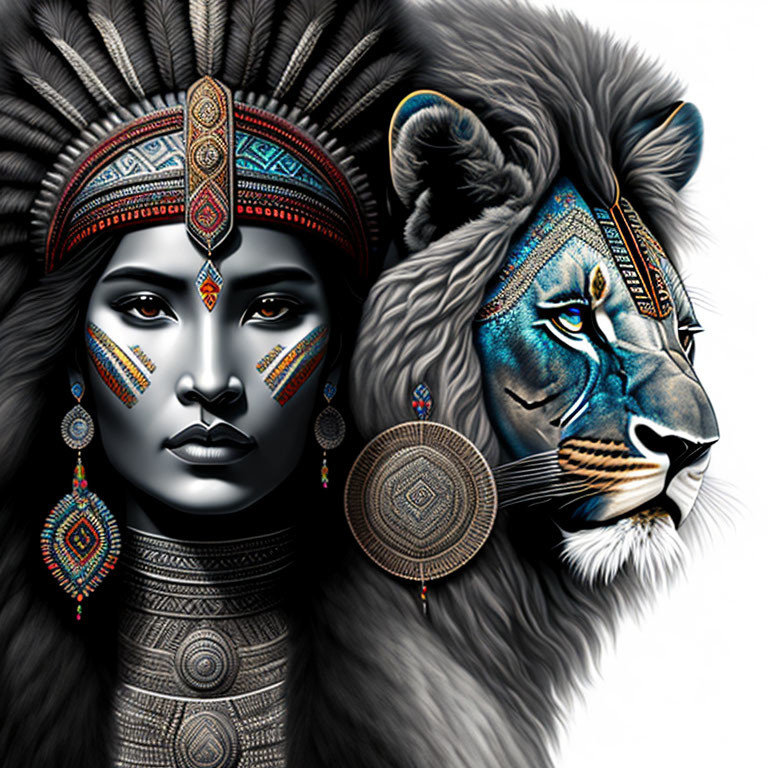 Digital artwork of woman and lion in indigenous-style headdress symbolizing strength and cultural unity