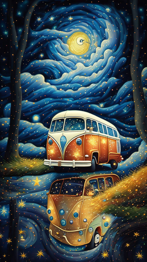 Whimsical painting: Orange classic van under starry night sky