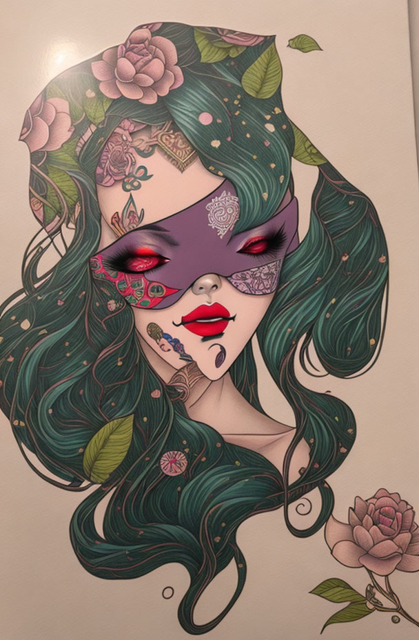 Woman with Green Hair and Purple Mask Surrounded by Flowers