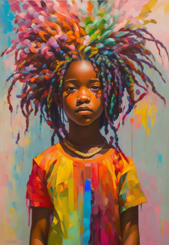 Colorful painting of young girl with dreadlocks in vibrant striped shirt