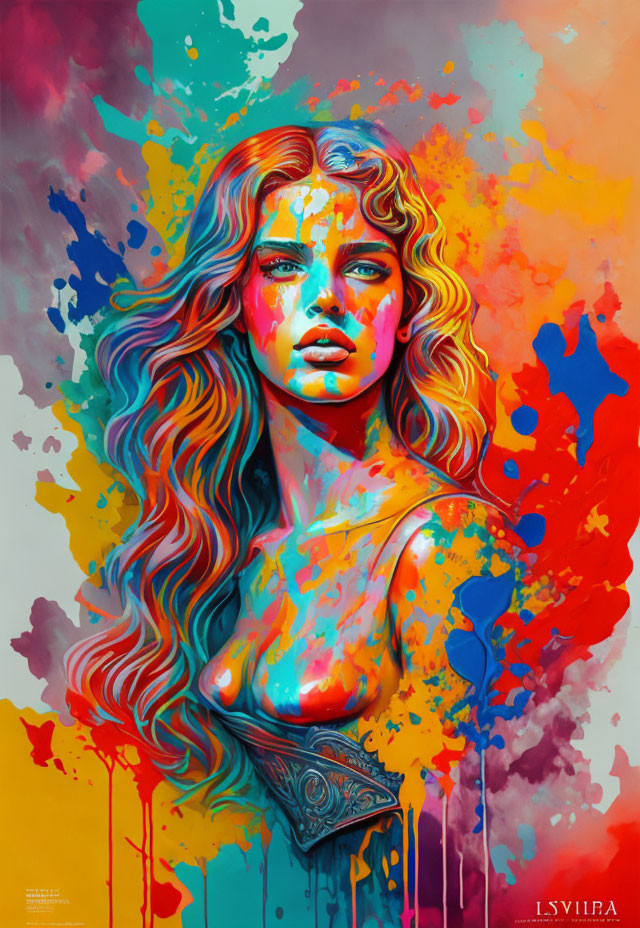 Colorful digital painting of a woman with flowing hair and vibrant paint splashes