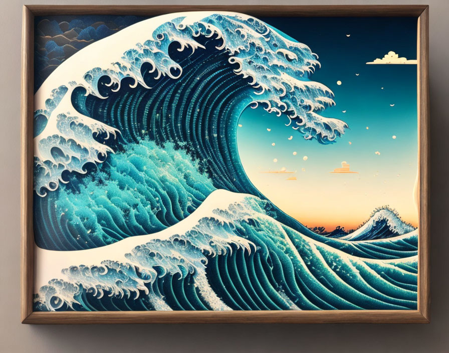 Stylized large blue wave art with dawn/dusk sky and clouds