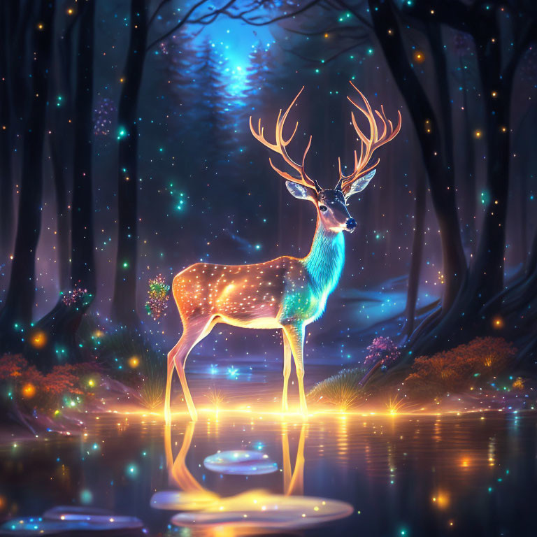 Majestic deer by serene lake in enchanted forest at twilight