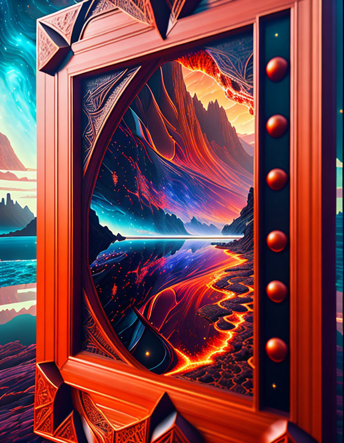 Surreal landscape digital artwork with lava and ornate frame